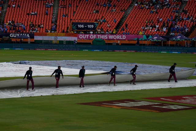 Forecast rain arrived ahead of the semi-final in Guyana (AP Photo/Ramon Espinosa)