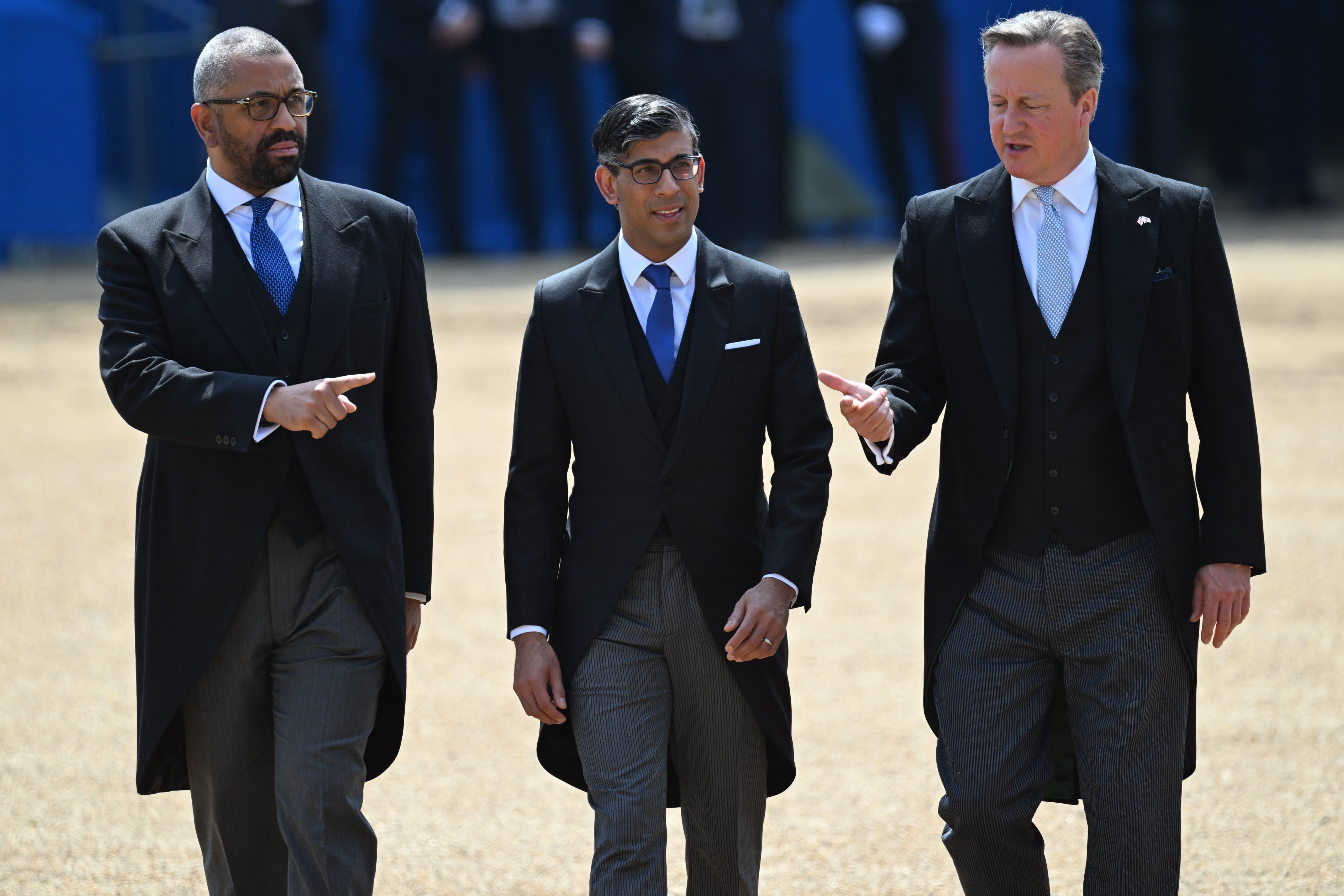 James Cleverly, Rishi Sunak and Lord Cameron at the ceremonial welcome at Horse Guards Parade, London, for the state visit of Emperor Naruhito and his wife Empress Masako of Japan (Eddie Mulholland/Daily Telegraph)