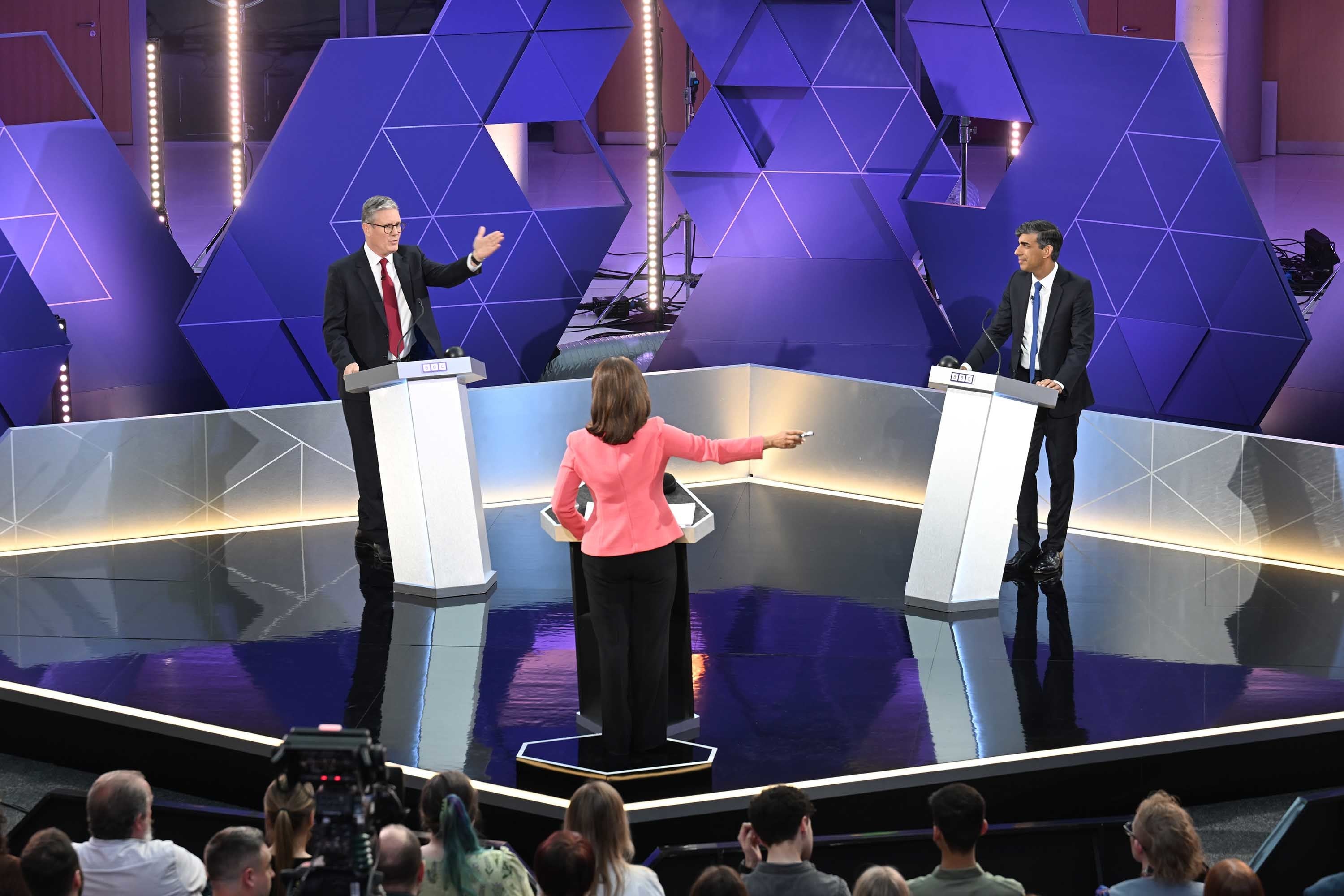 Presenter Mishal Husain with Prime Minister Rishi Sunak and Labour leader Sir Keir Starmer during their BBC head-to-head debate in Nottingham (Jeff Overs/BBC/PA)