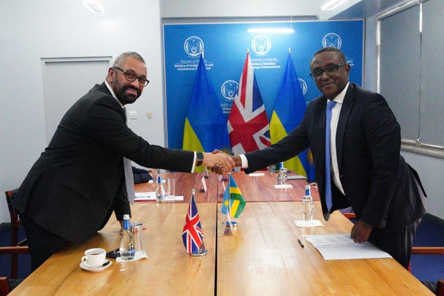 Home Secretary James Cleverly and Rwandan Minister of Foreign Affairs Vincent Biruta signed the new treaty in Kigali, Rwanda (Ben Birchall/PA)