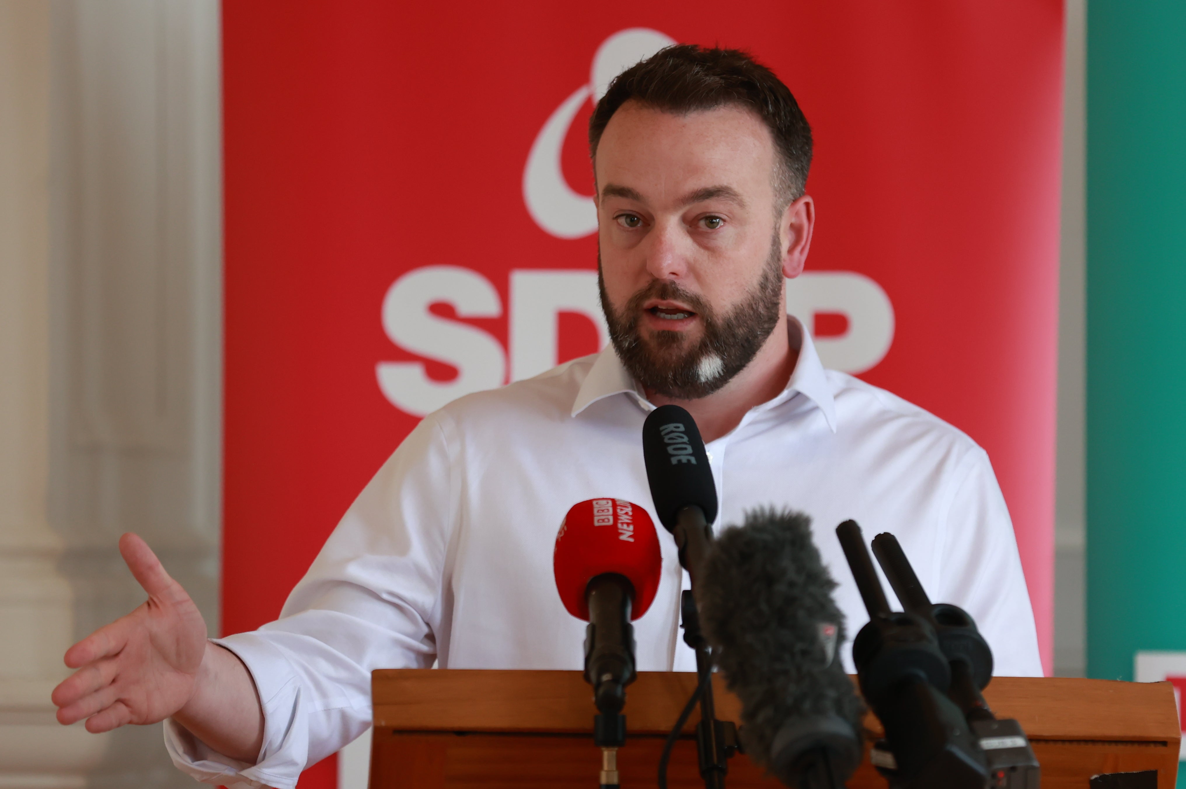 SDLP Leader Colum Eastwood during his party’s manifesto launch at the Verbal Arts Centre in Derry City (Liam McBurney/PA)