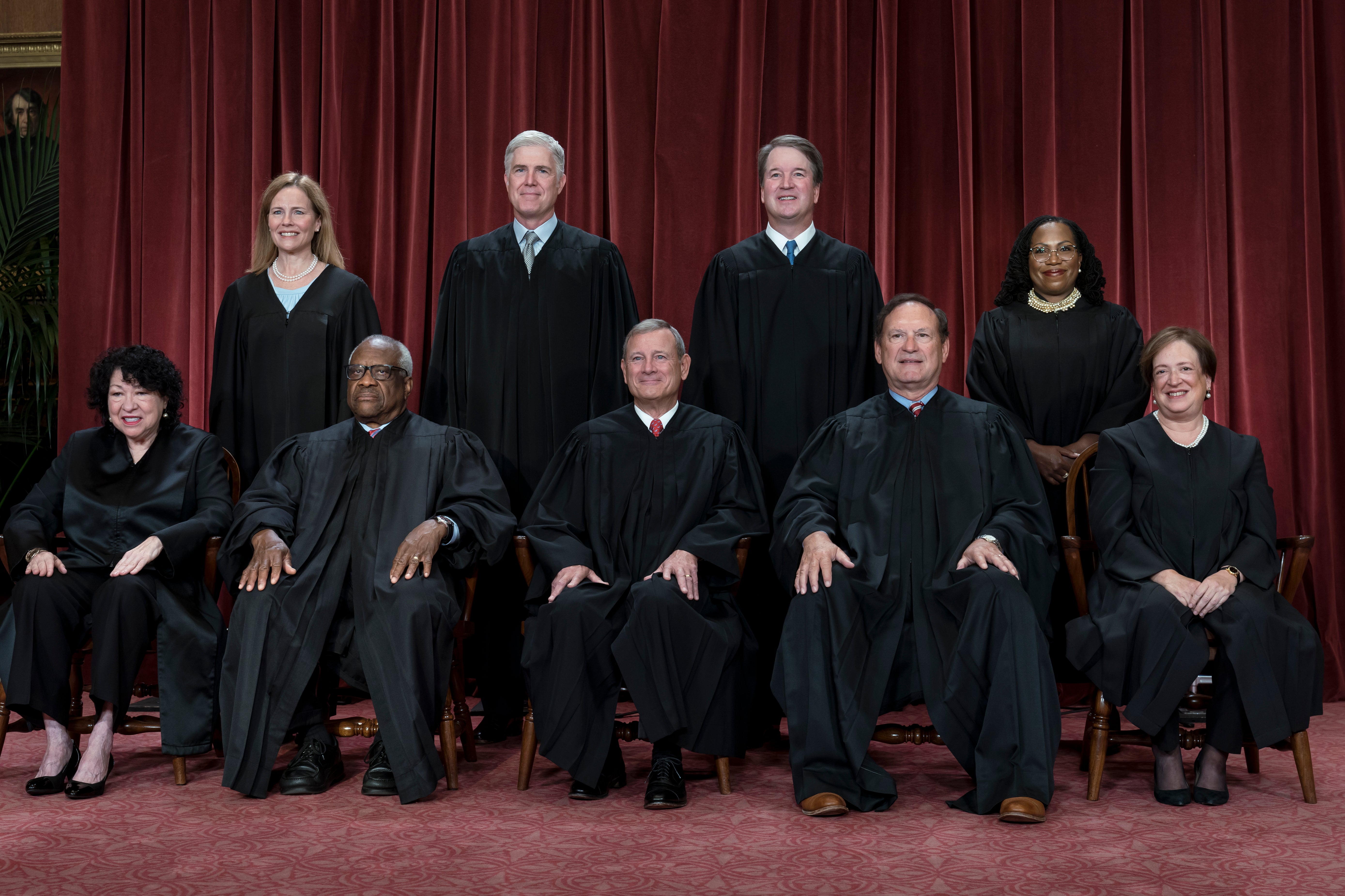 The current justice of the Supreme Court. Sonia Sotomayor, Elena Kagan and Ketanji Brown Jackson make up the liberal bloc. Chief John Roberts, Clarence Thomas, Samuel Alito, Neil Gorsuch, Brett Kavanaugh and Barrett make up the conservative view