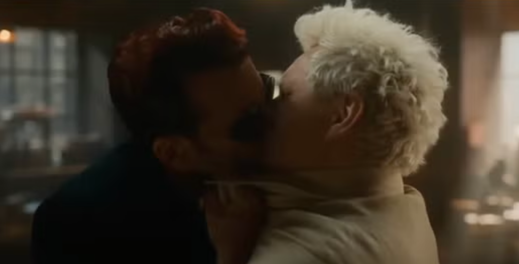 Crowley and Aziraphale kiss in the final episode of the second series