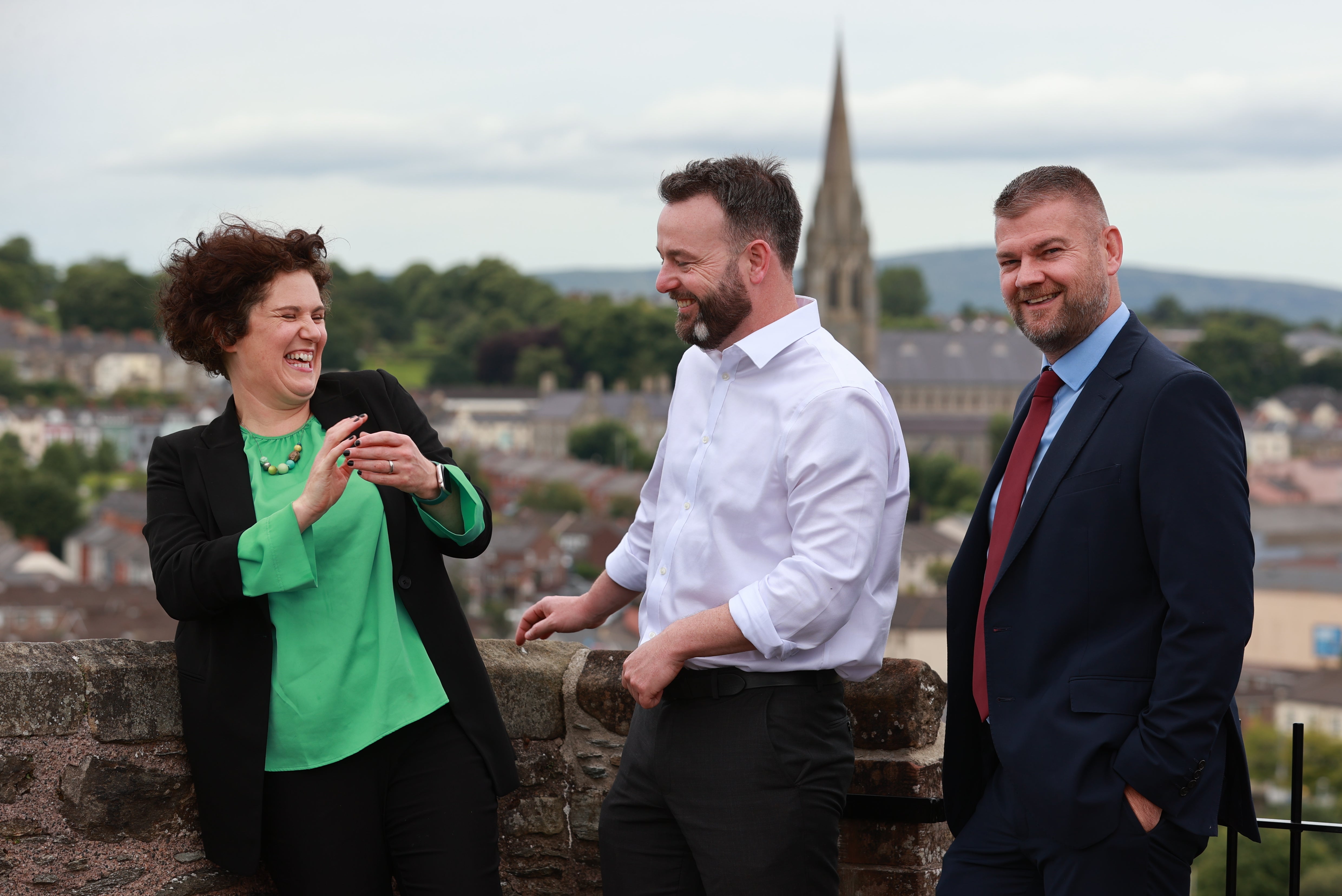 (left to right) SDLP Westminster candidate for South Belfast Claire Hanna, SDLP Leader Colum Eastwood and Colin McGrath after the SDLP’s manifesto launch (Liam McBurney/PA)