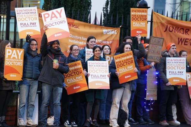 <p>Junior doctors and members of the BMA on a picket line outside the Royal Victoria Infirmary, Newcastle, in January (Owen Humphreys/PA)</p>