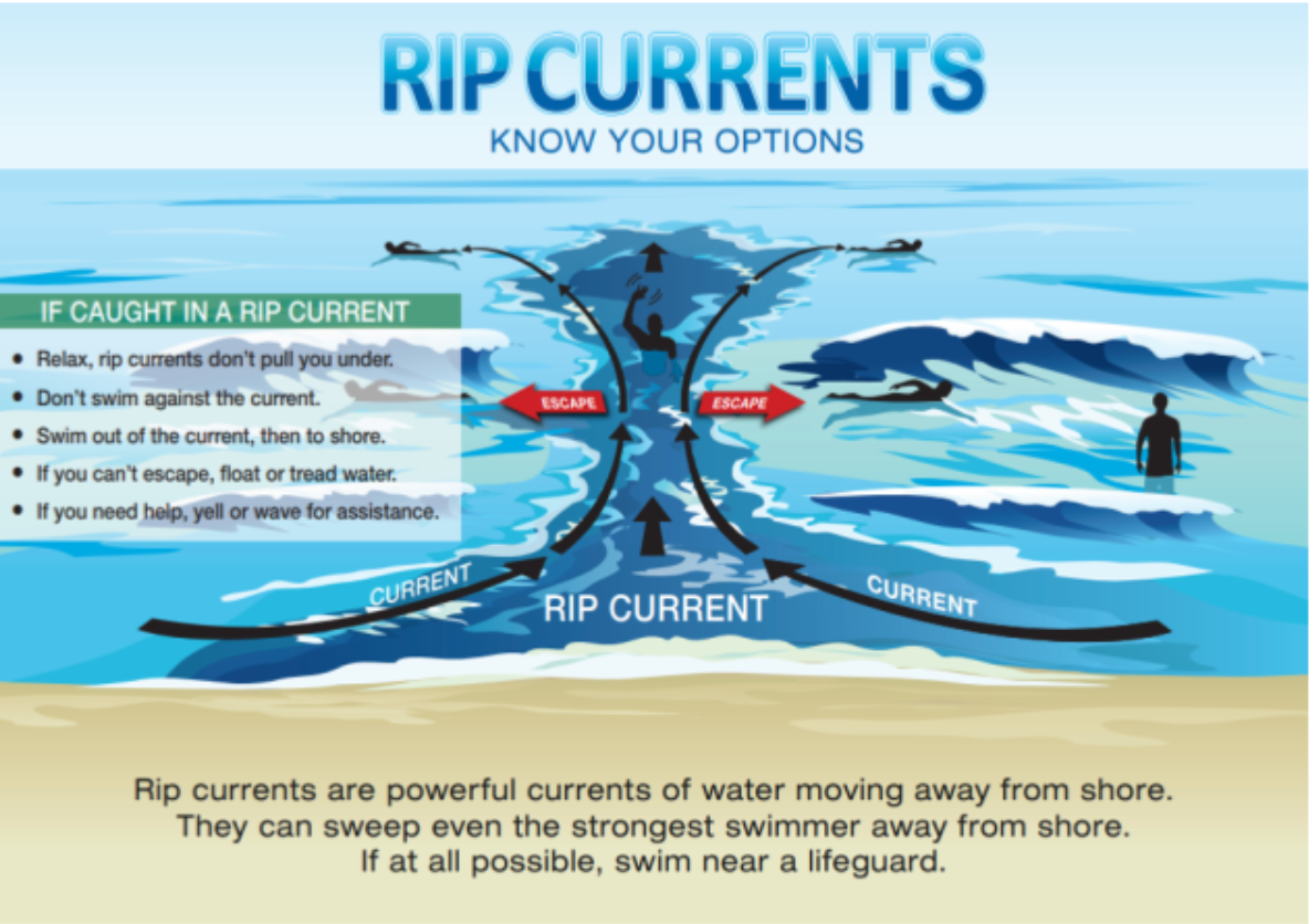 To escape a rip current, swim parallel to the beach and don’t fight the pull of the current
