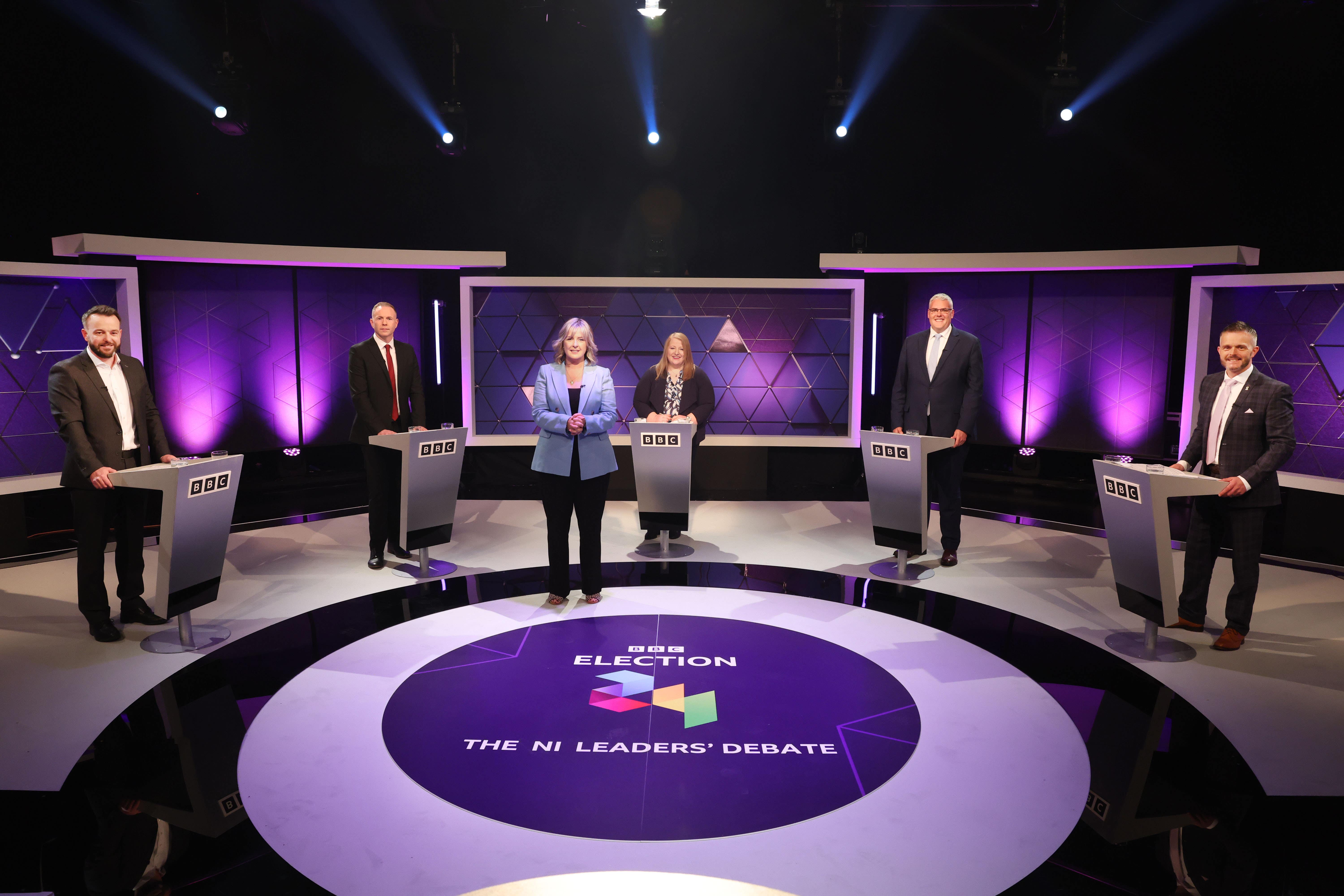 BBC NI Leaders’ Debate in Belfast with (left to right) SDLP Leader Colum Eastwood, Sinn Fein Chris Hazzard, Justice Minister and Alliance leader Naomi Long, DUP Leader Gavin Robinson, and Ulster Unionist Party deputy leader Robbie Butler (PA)