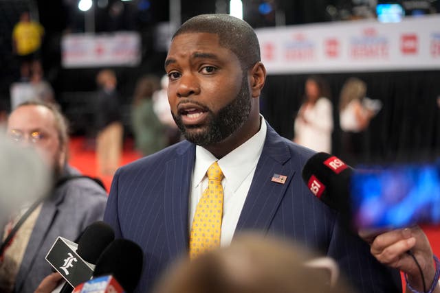 <p>Rep. Byron Donalds (R-Fla) speaks with reporters on behalf of Donald Trump</p>