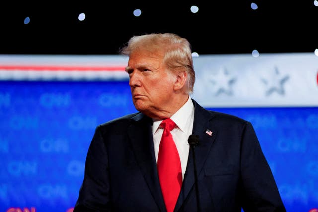 <p>Donald Trump, pictured at the presidential debate on Thursday, refused to explicitly say that he would accept 2024 election results if he lost in November </p>