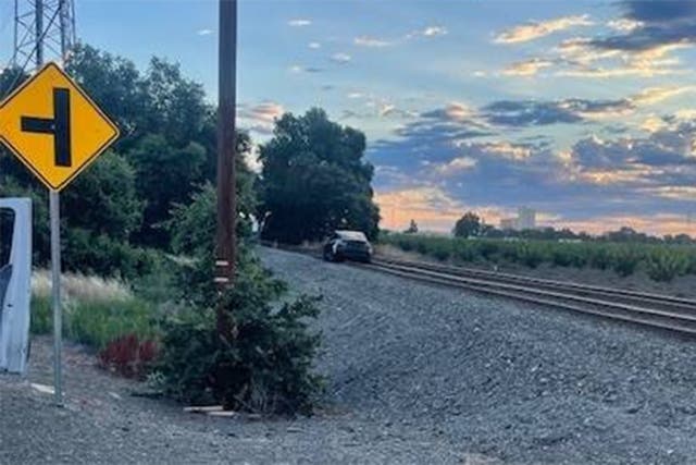 <p>Woodland Police Department shared the image of the Tesla on the train tracks on Wednesday </p>