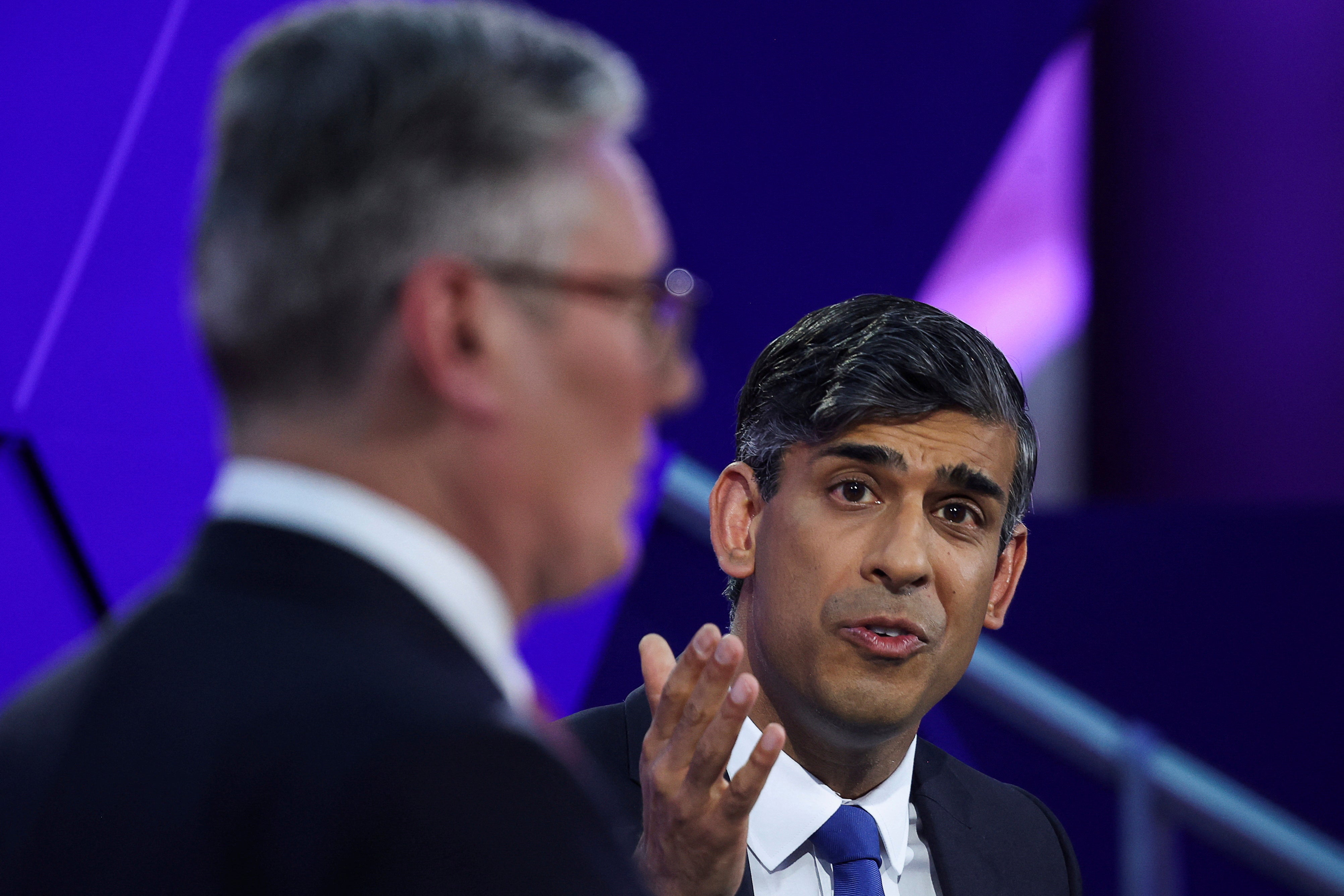 Britain's prime minister Rishi Sunak and opposition Labour Party leader Sir Keir Starmer take part in the BBC's Prime Ministerial Debate