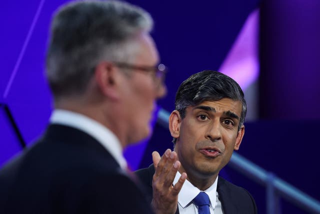 <p>Britain's prime minister Rishi Sunak and opposition Labour Party leader Sir Keir Starmer take part in the BBC's Prime Ministerial Debate</p>