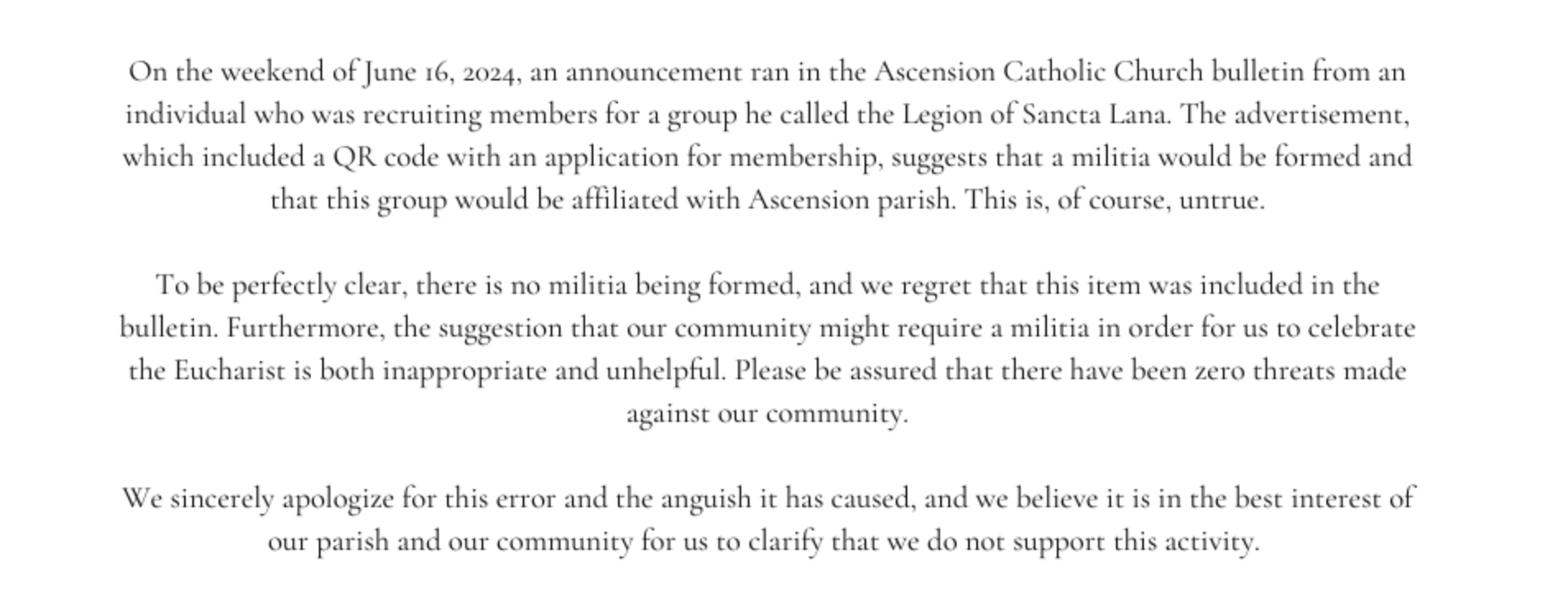 Ascension Catholic Church issued an apology after posting a bulletin calling for the formation of a militia