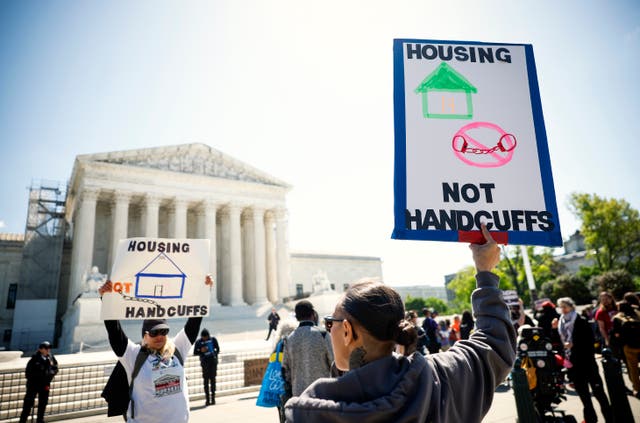 <p>Homeless rights activists hold a rally outside of the U.S. Supreme Court on April 22, 2024 in Washington, DC.</p>