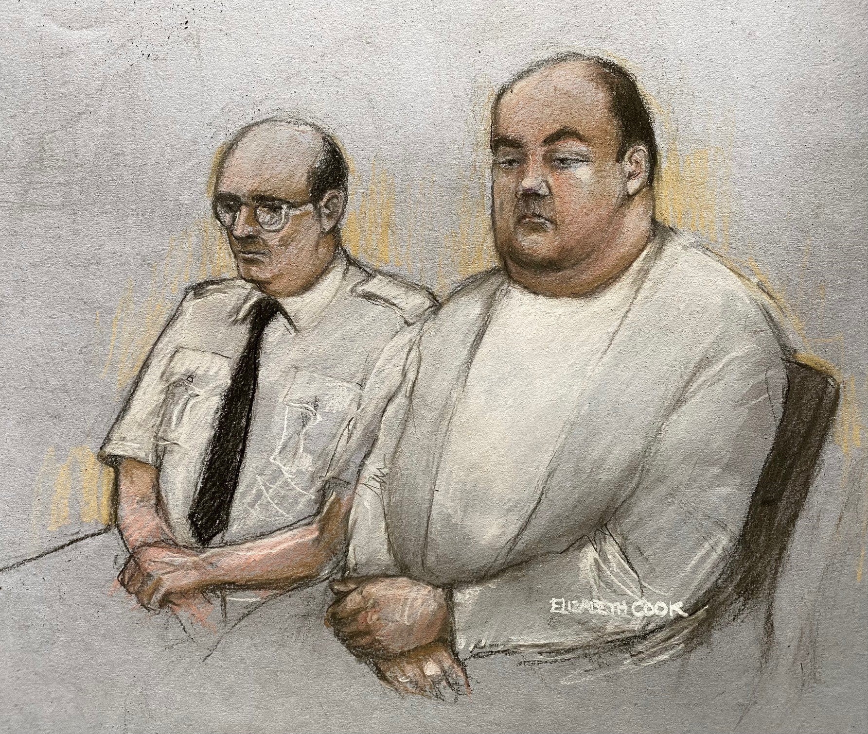 Court artist drawing of Gavin Plumb (right) at Chelmsford Crown Court (Elizabeth Cook/PA)