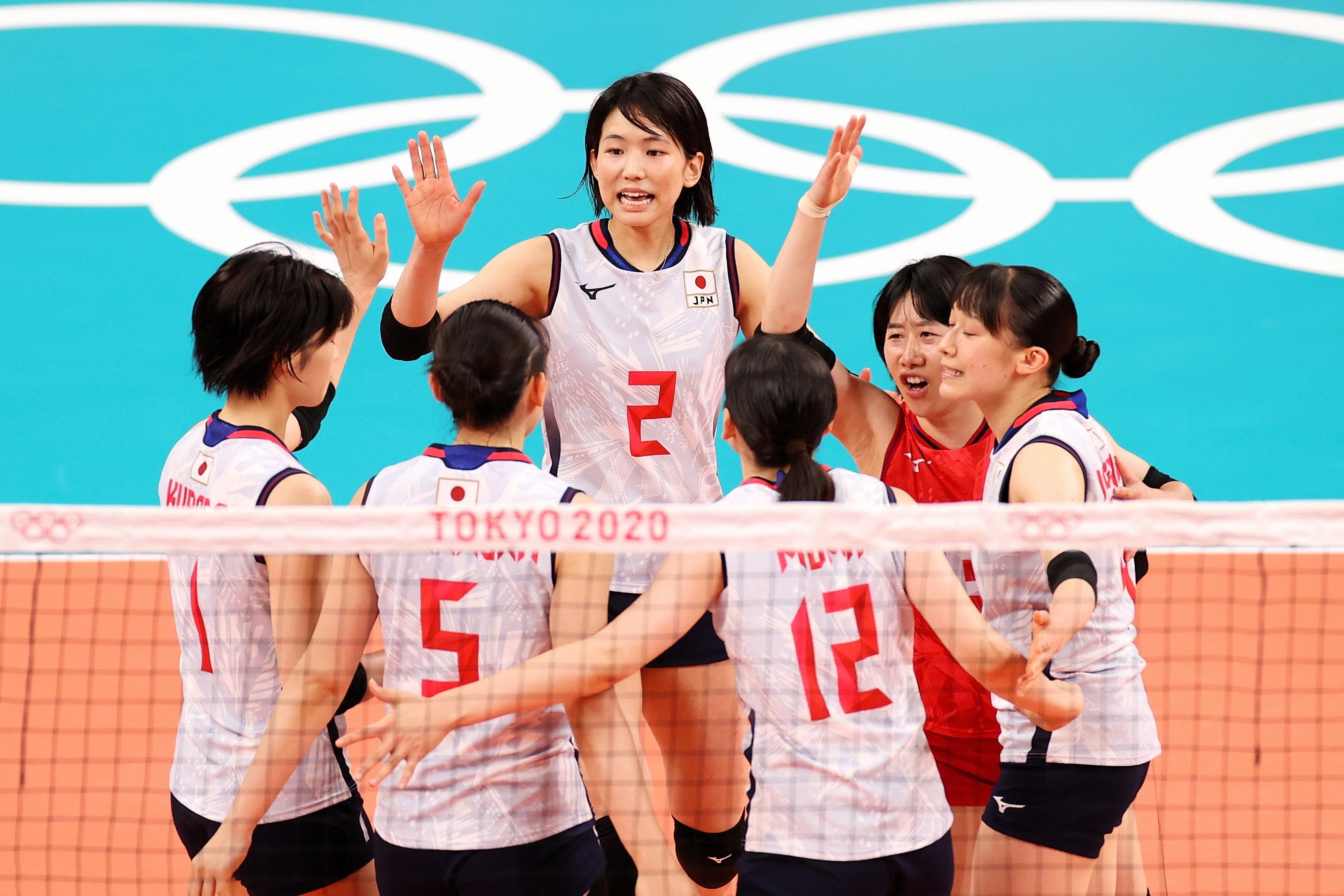 Sarina Koga of Team Japan with team mates at the Tokyo 2020 Olympic Games at Ariake Arena on 31 July, 2021 in Tokyo, Japan