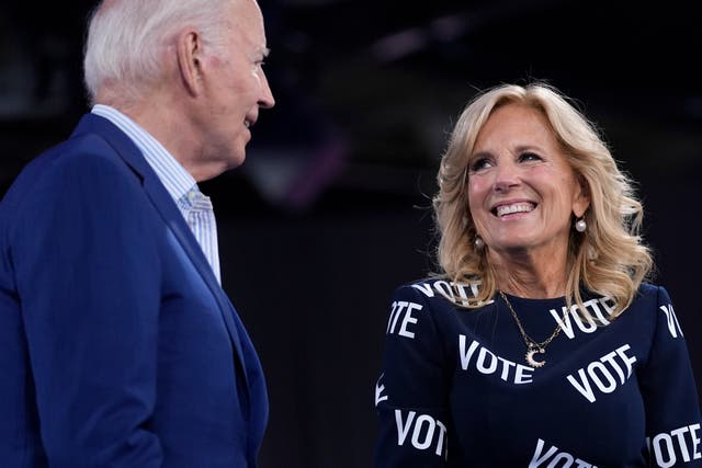 <p>President Joe Biden and First Lady Jill Biden appear on stage at a campaign rally Friday, June 28. </p>