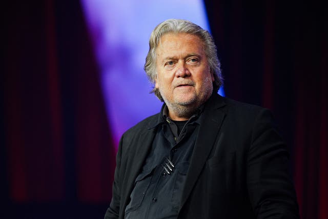 <p>Steve Bannon appears at the far-right Turning Point Action conference in Detroit on June 15. He must turn himself over to federal prison authorities on July 1 for contempt of Congress. </p>