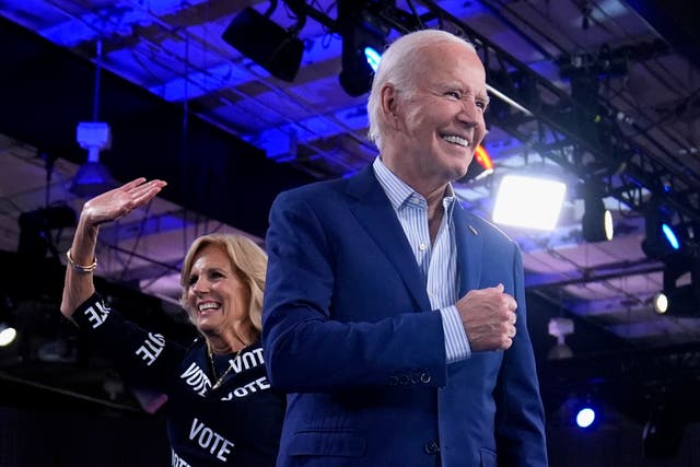 <p>President Joe Biden and first lady Jill Biden walk off stage after speaking at a campaign rally on June 28, 2024, in Raleigh, North Carolina</p>