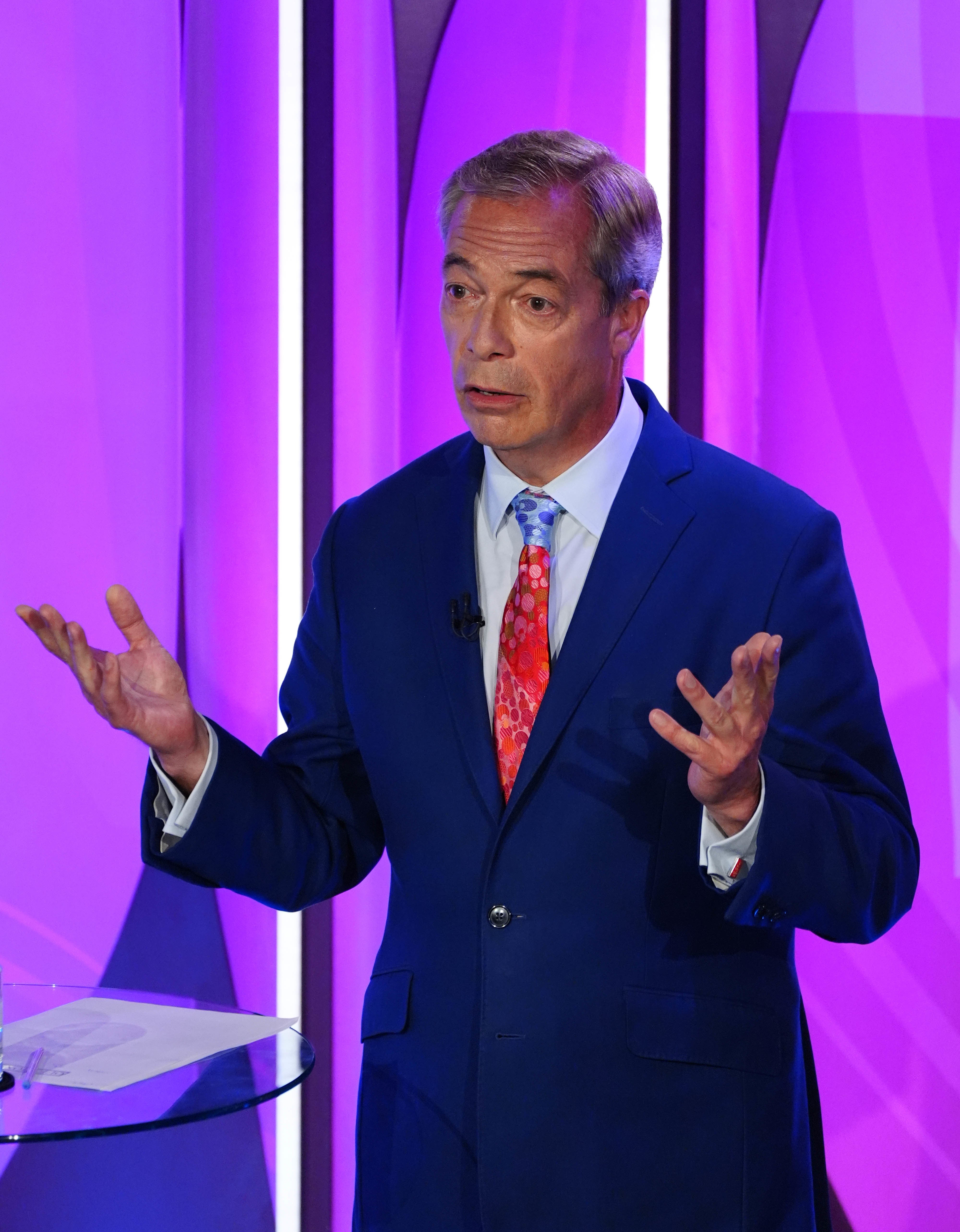 Reform UK Leader Nigel Farage speaks during a BBC Question Time Leaders’ Special at the Midlands Arts Centre in Birmingham (Peter Byrne/PA)