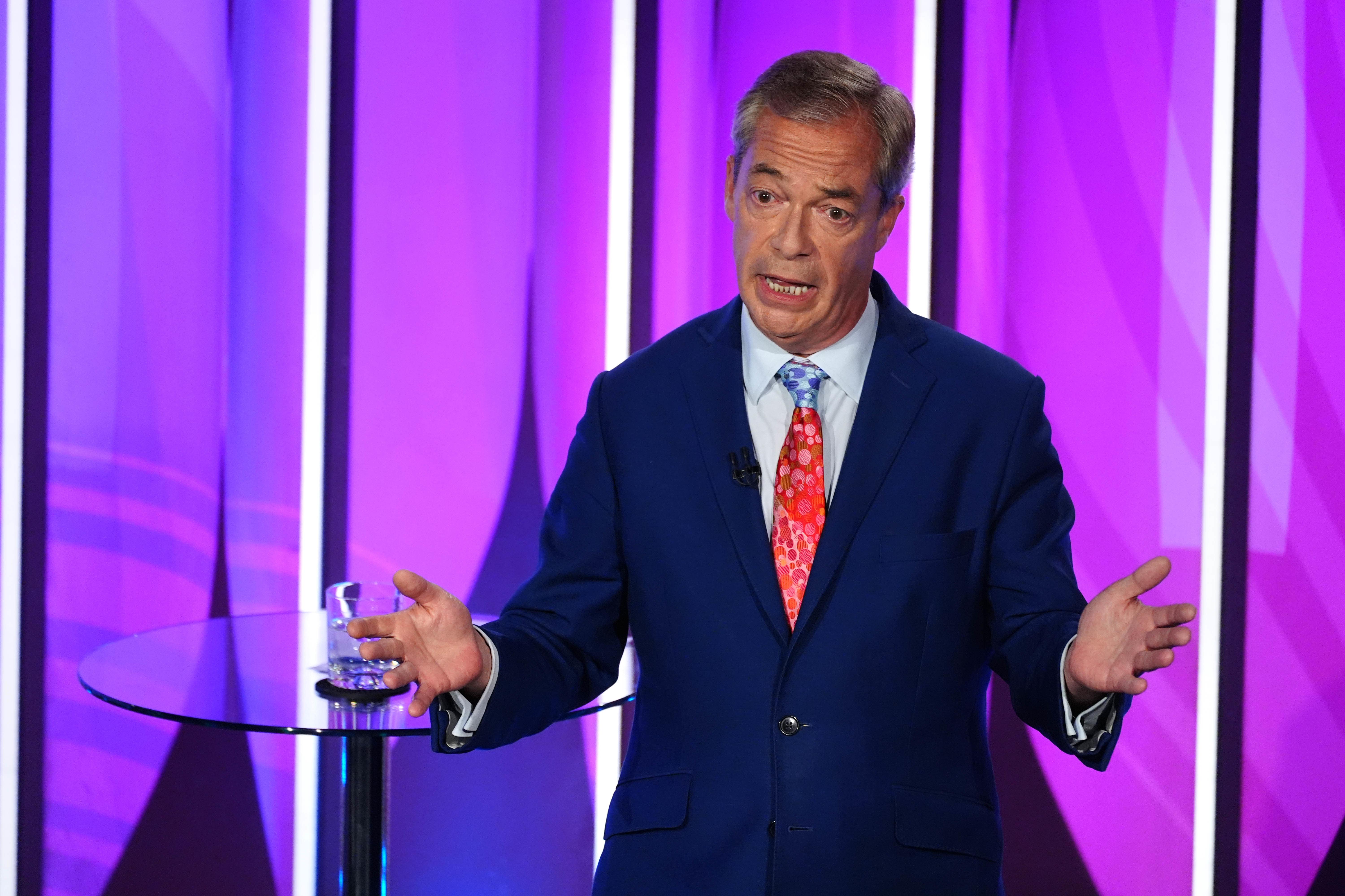 Reform UK leader Nigel Farage speaking during a BBC Question Time Leaders’ Special (Peter Byrne/PA)