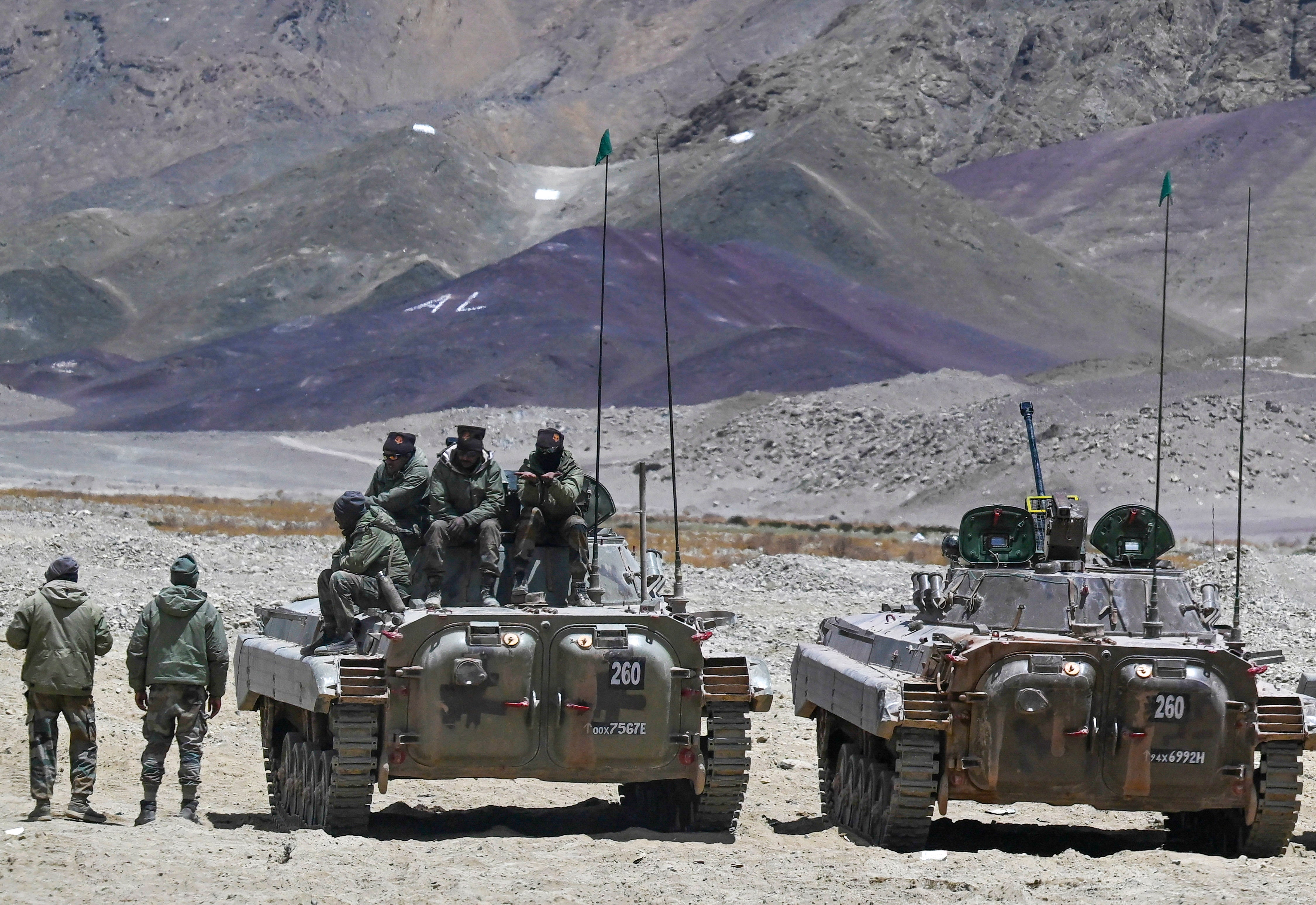 File. Picture taken on 19 May 2024 shows armoured vehicles of the Indian army at a military camp in Ladakh