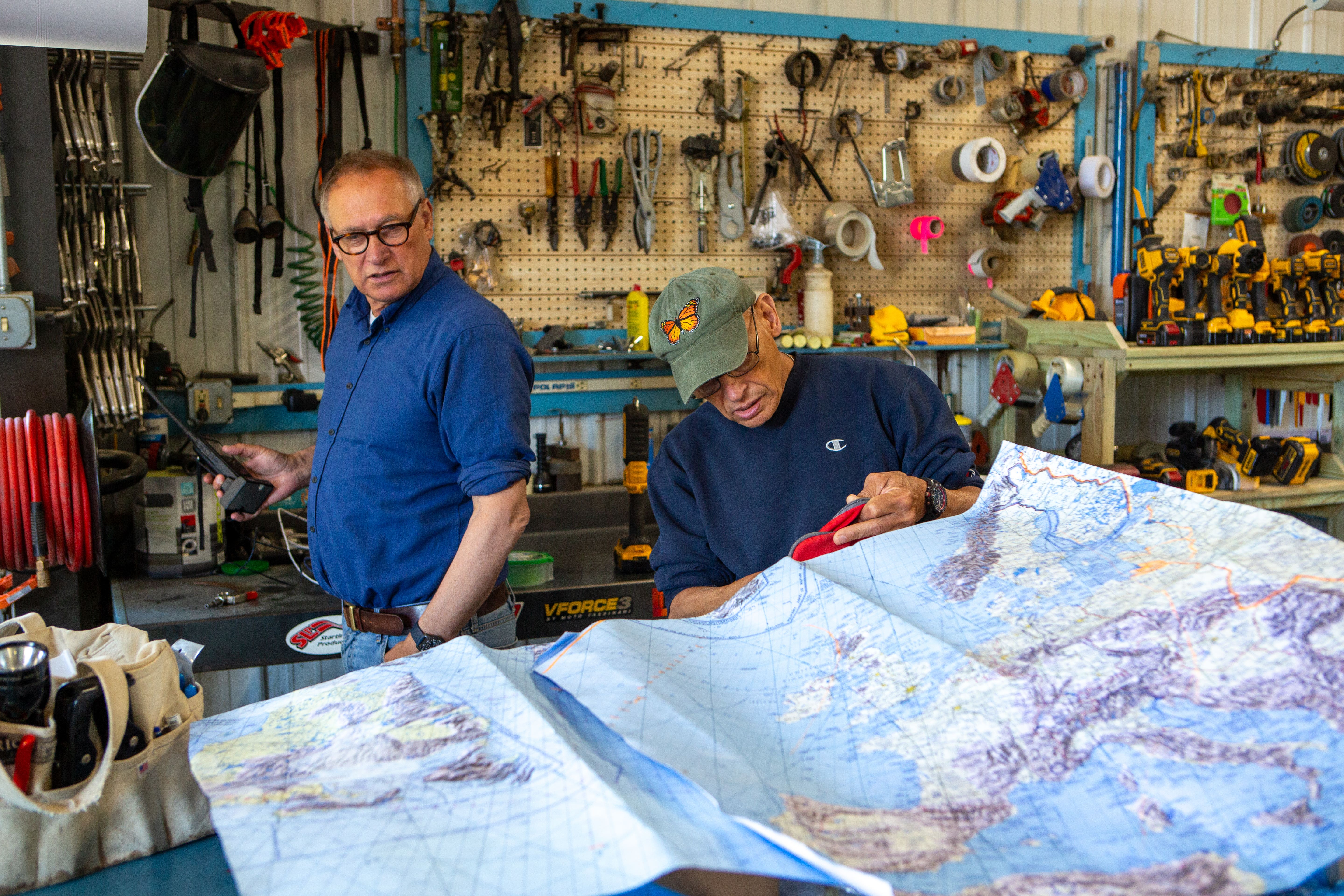 British explorer Sir David Hempleman-Adams (left) and American balloon manufacturer Bert Padelt (right), working on preparations for the Torabhaig Atlantic Explorer (Johnny Green/PA)