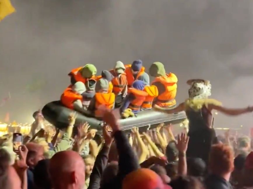 A Banksy work appeared in the crowd during IDLES’s Glastonbury 2024 set