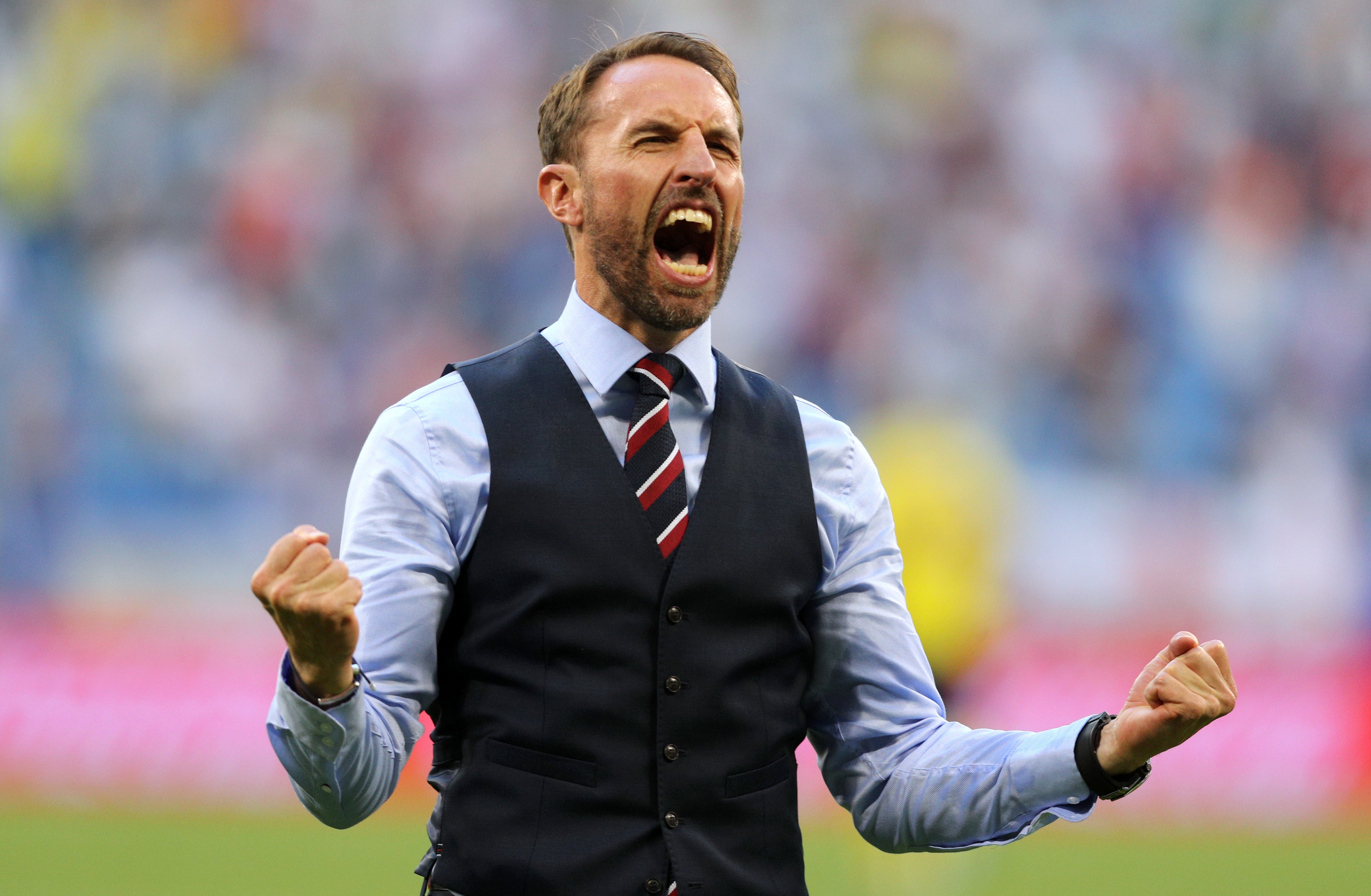 England manager Gareth Southgate celebrates foolowing the World Cup Quarter Final win over Sweden. (Owen Humphreys/PA)