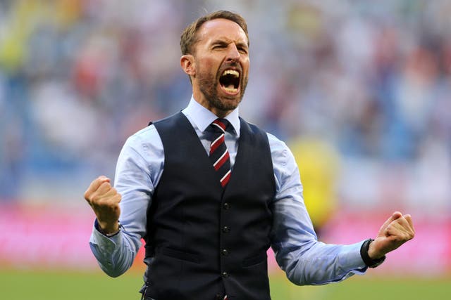 <p>England manager Gareth Southgate celebrates foolowing the World Cup Quarter Final win over Sweden. (Owen Humphreys/PA)</p>