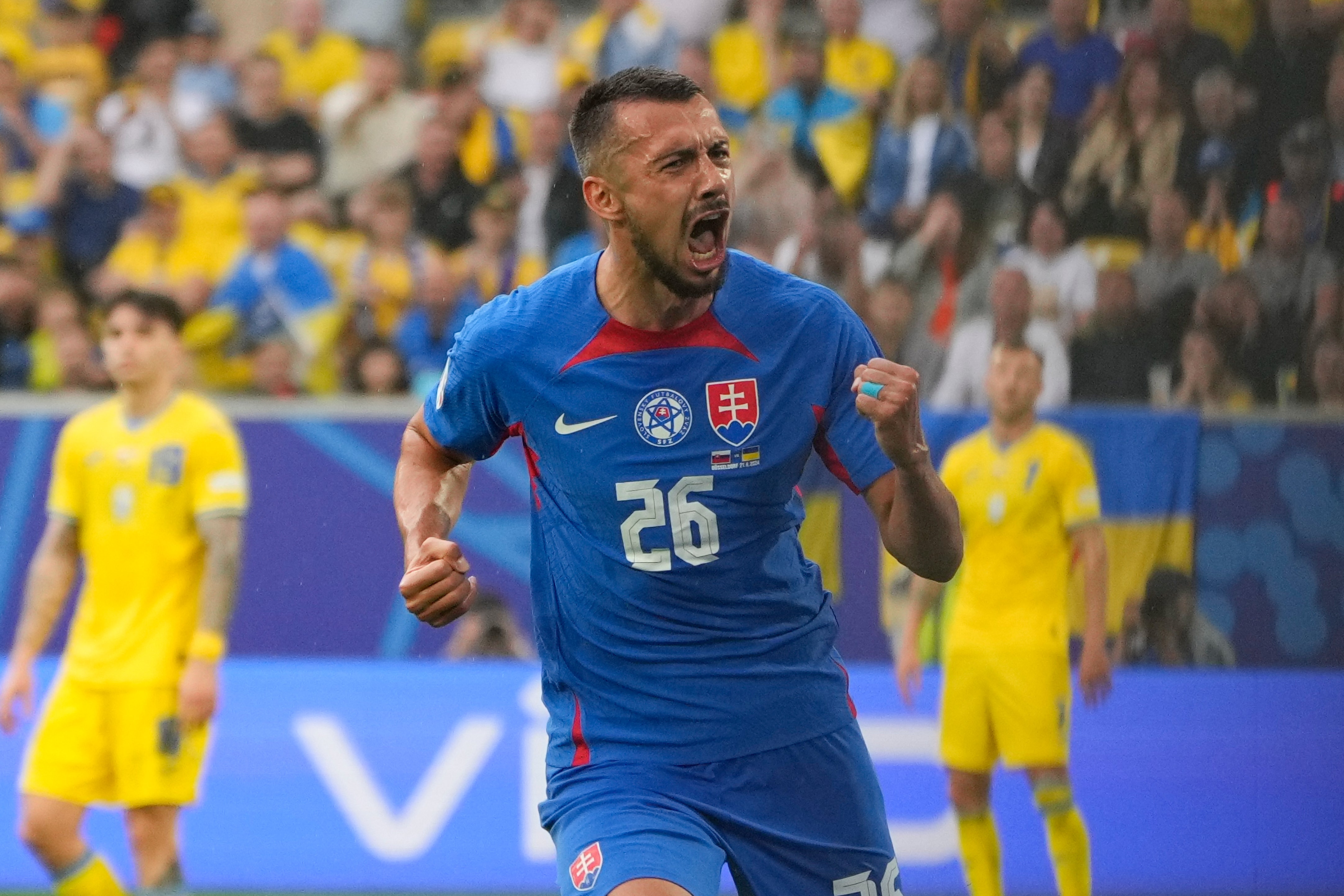 Ivan Schranz celebrates after scoring his Slovakia’s opening goal against Ukraine. (Andreea Alexandru/AP)