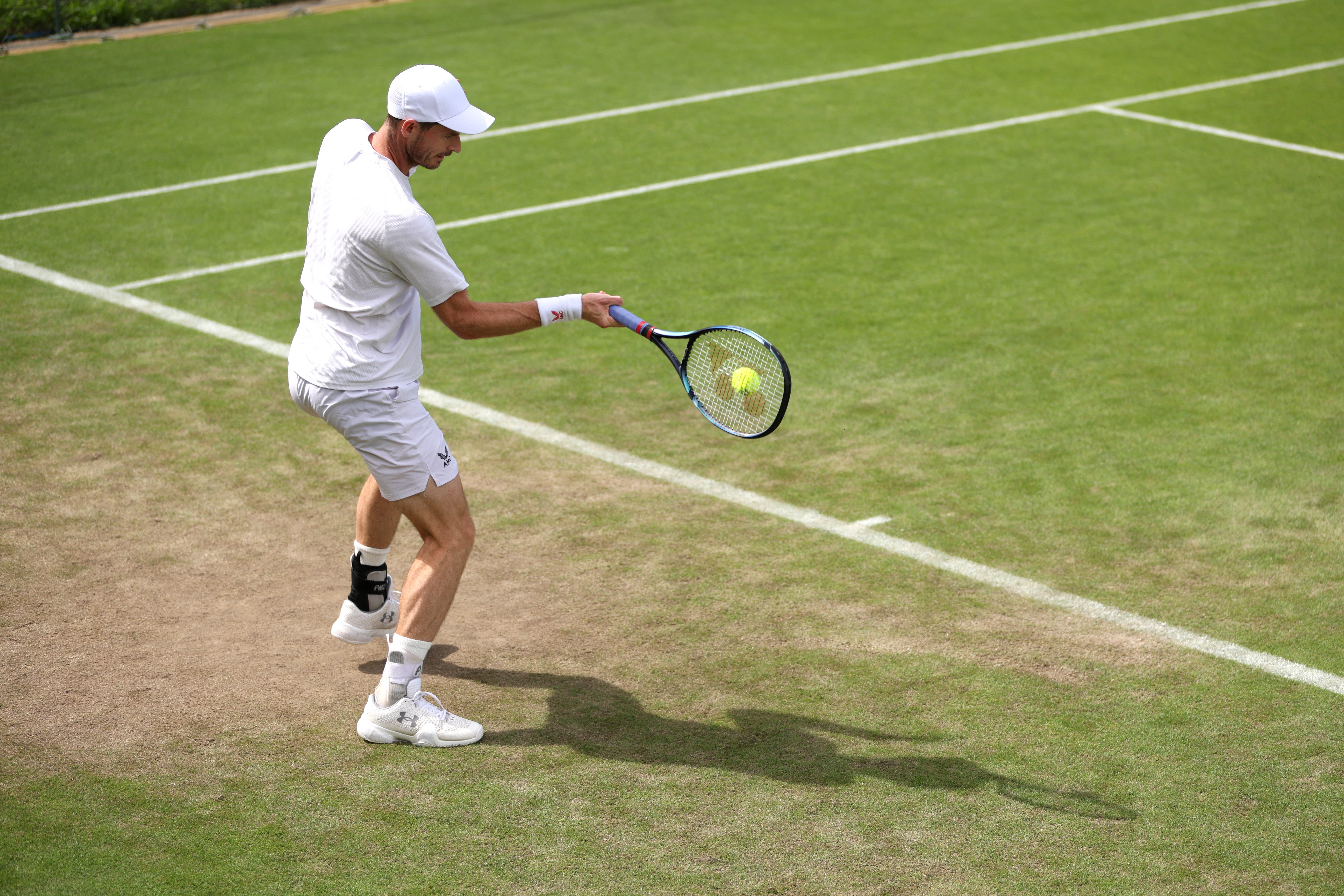 Andy Murray plays a forehand on the Wimbledon practice courts on Saturday