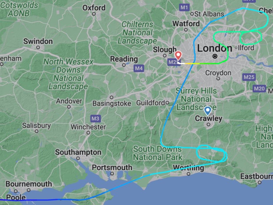 Circle game: flightpath of a British Airways 777 from Orlando to Gatwick, which was diverted to Heathrow due to a sister aircraft stuck on the runway