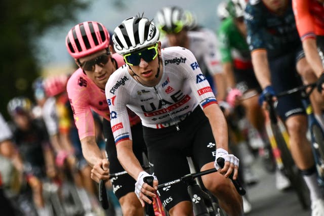 <p>Tadej Pogacar in action during the Tour de France stage one</p>