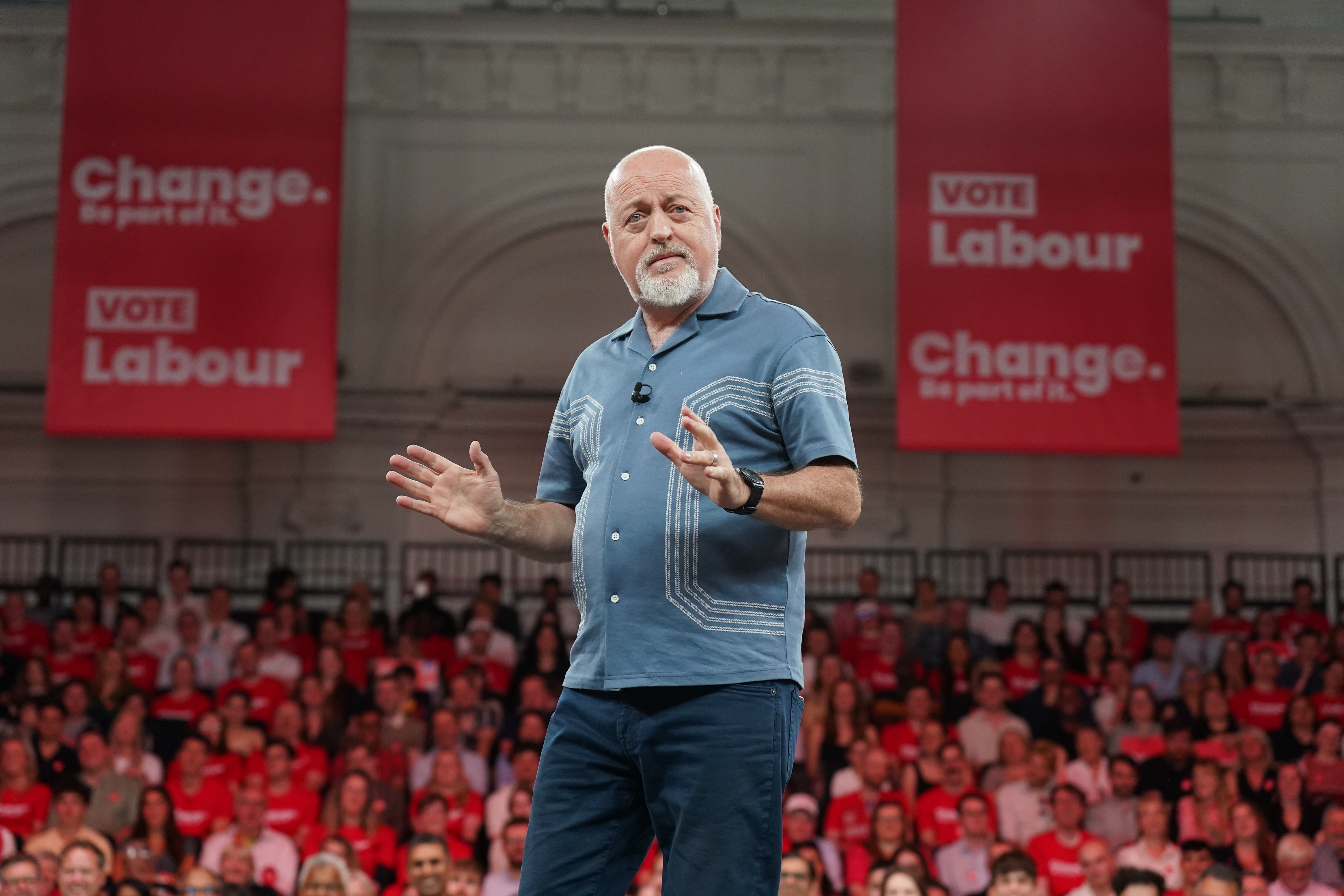 Musician and comedian Bill Bailey spoke at the Labour party rally and several celebrities voiced their support via video (Stephane Rousseau/PA)