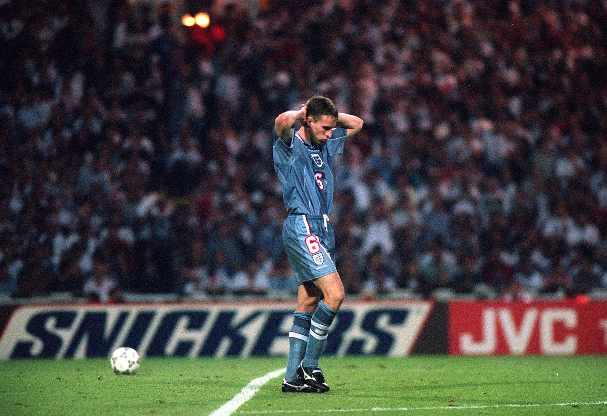 Gareth Southgate failed to score in the penalty shoot-out loss to Germany at Euro 96 (PA)