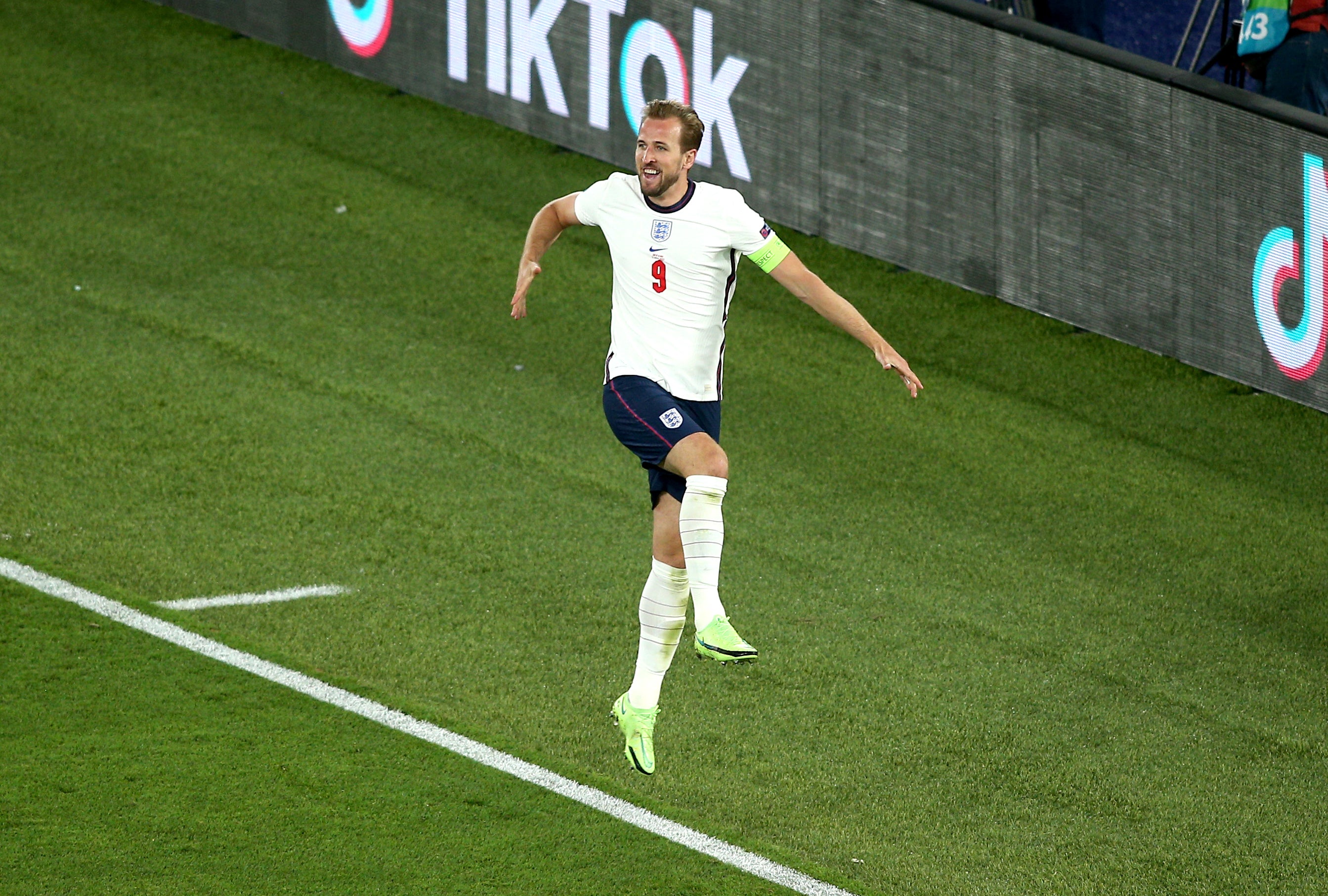 Kane celebrates scoring England’s third goal of the Euro 2020 quarter-final win over Ukraine (Marco Iacobucci/AP)