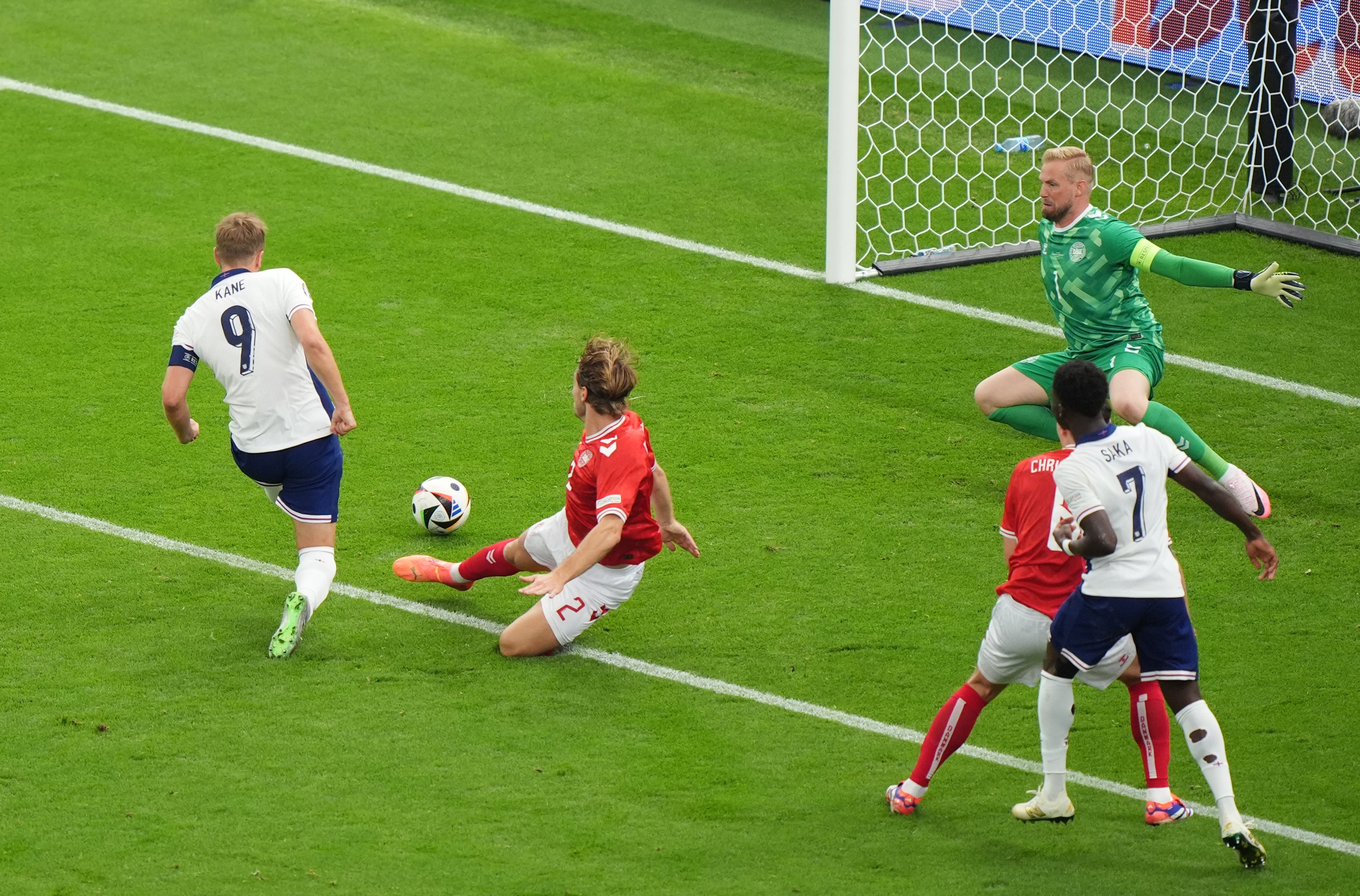England’s Harry Kane scores against Denmark at Euro 2024. (Bradley Collyer/PA)