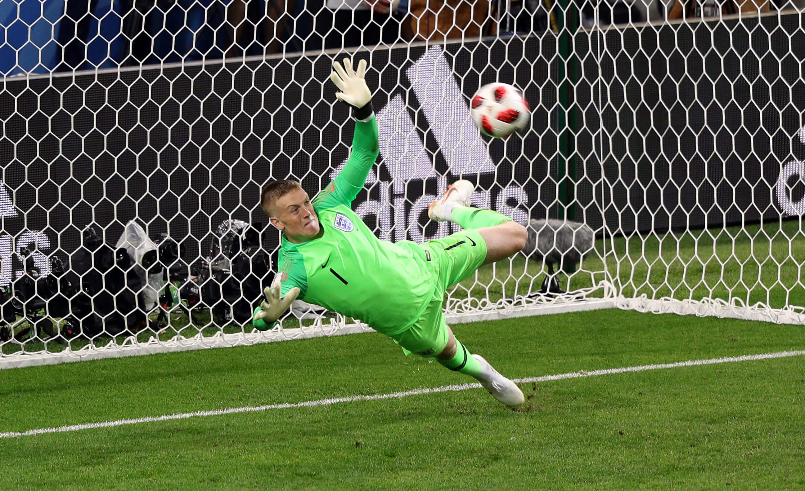 England goalkeeper Jordan Pickford saves a penalty from Colombia’s Carlos Bacca during the FIFA World Cup 2018, round of 16 shoot-out. (Aaron Chown/PA)