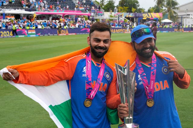Virat Kohli, left, and Rohit Sharma both retired from T20 internationals after winning the World Cup (Ricardo Mazalan/AP)