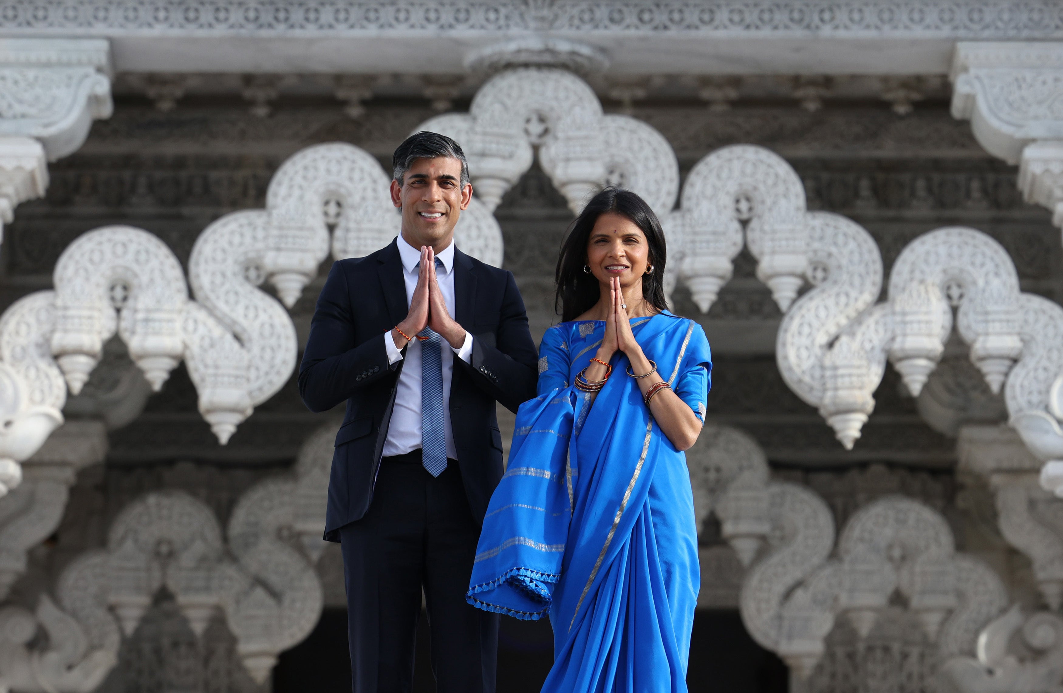 Prime Minister Rishi Sunak and his wife Akshata Murty visited the Neasden Hindu temple on Saturday night (Dan Kitwood/PA)