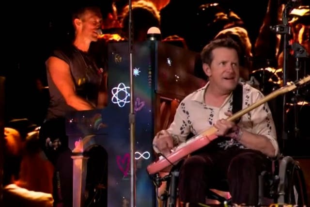 <p>Michael J Fox joins Coldplay on Glastonbury stage </p>