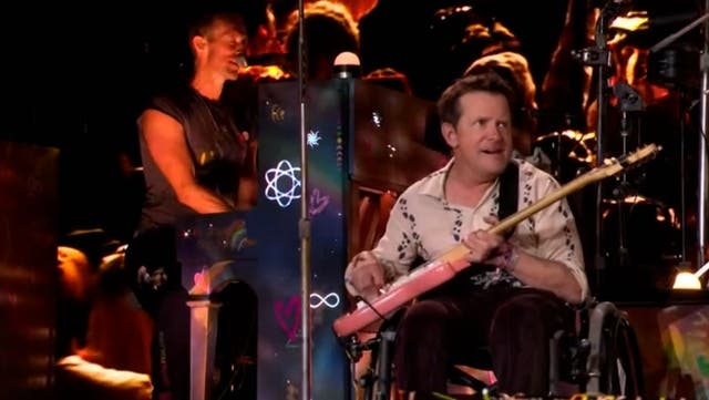 <p>Michael J Fox joins Coldplay on Glastonbury stage </p>