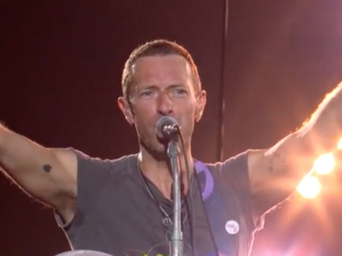 Chris Martin of Coldplay during the band’s Glastonbury 2024 headline slot