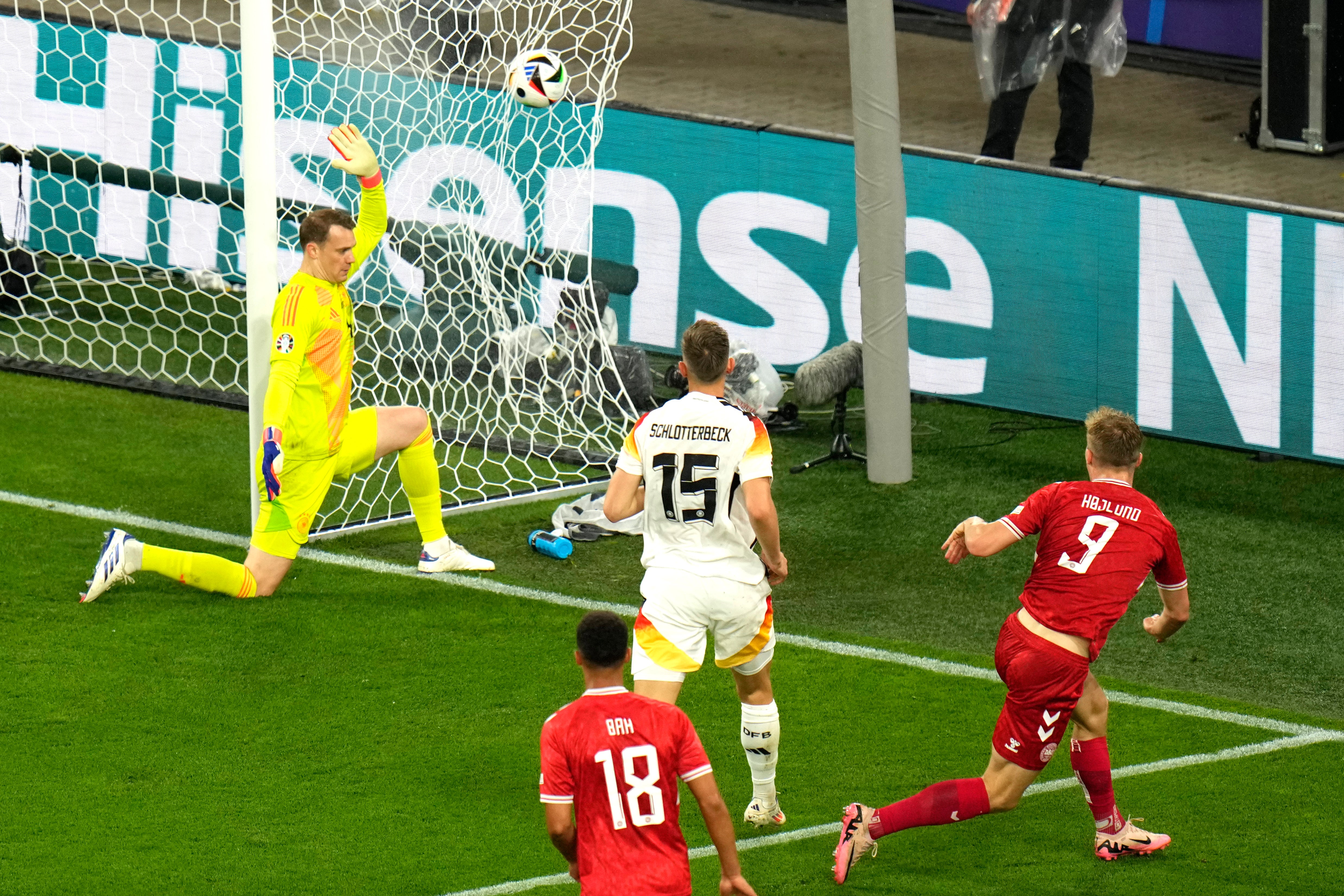 Rasmus Hojlund (right) fires into the side netting against Germany in their last-16 tie at Euro 2024 (Hassan Ammar/AP)