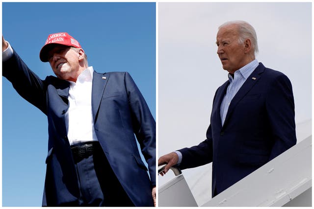 <p>Donald Trump (left) greets rallygoers in Virginia while Joe Biden (right) steps off Air Force One while meeting donors in New York over the weekend</p>