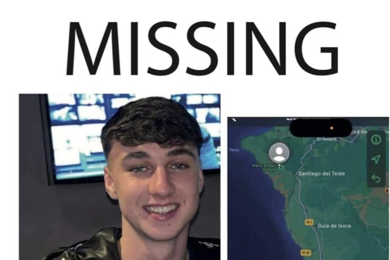 A poster appealing for information about teenager Jay Slater, who went missing in Tenerife, featuring a family photo of him and a map showing where he was last seen