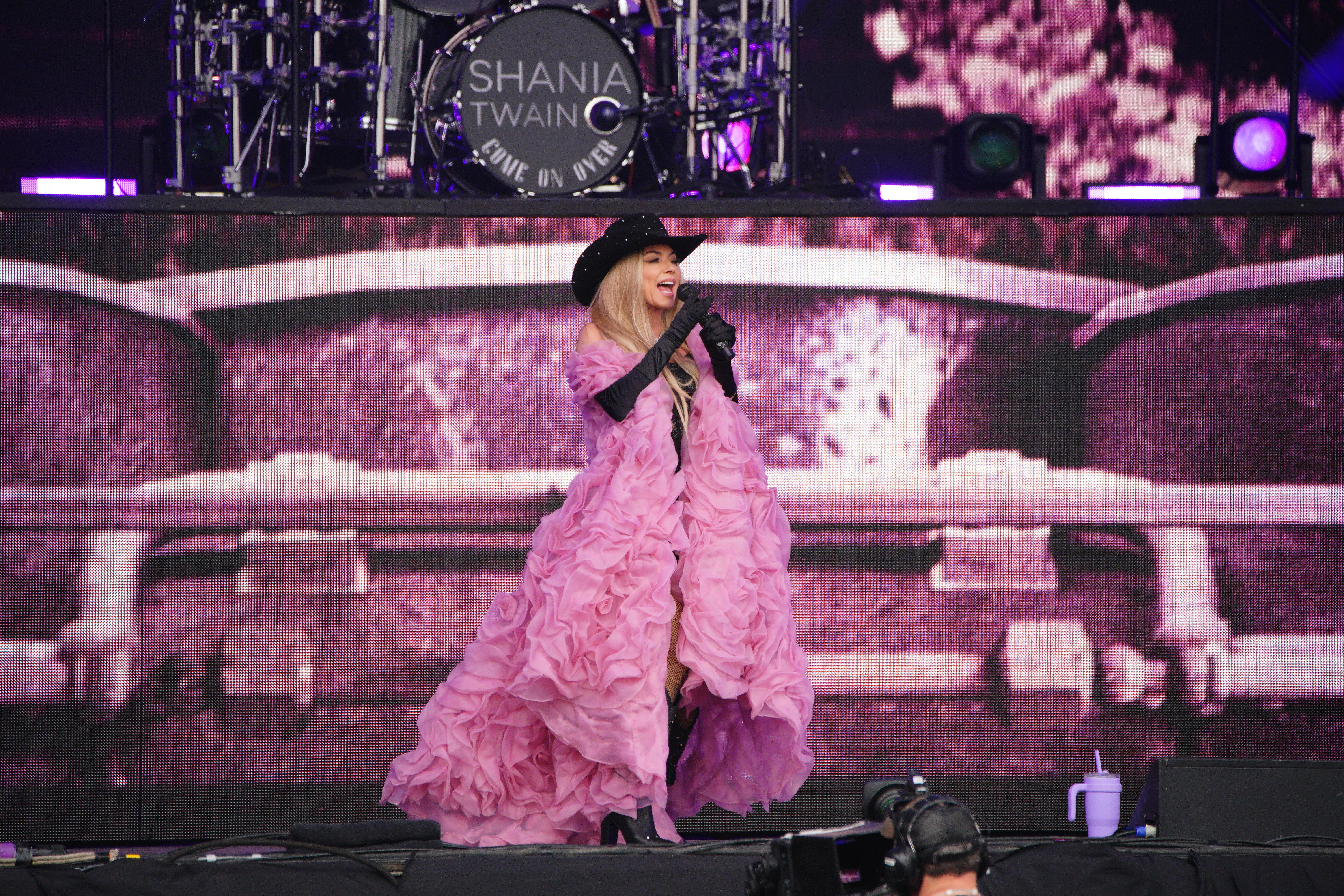 Shania Twain performing on the Pyramid Stage