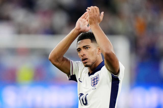 <p>England’s Jude Bellingham applauds the fans after the win over Slovakia (Bradley Collyer/PA)</p>