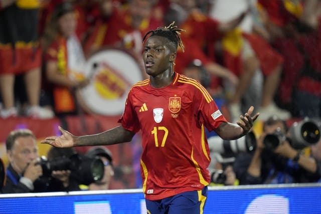 Nico Williams celebrates his goal in Spain’s 4-1 win over Georgia (Nick Potts/PA)